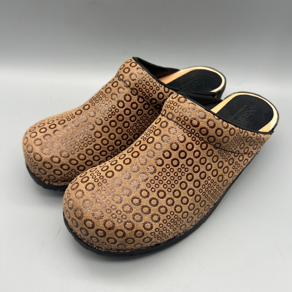 Sanita Clogs Women Size 41 Brown Circle Pattern Suede Wood‎ Sole Slip On EUC